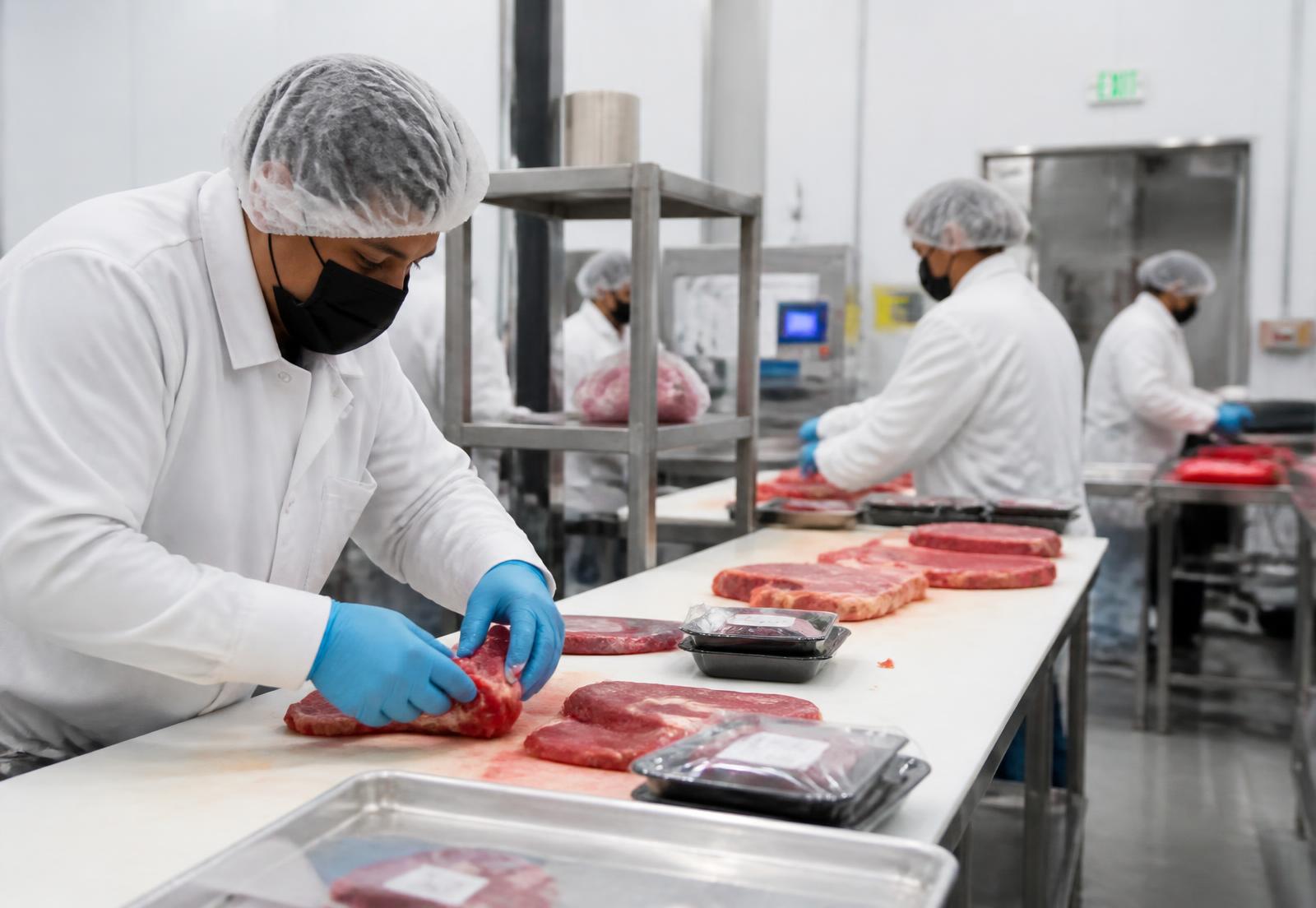 Equipa a preparar e embalar carne fresca em instalações profissionais