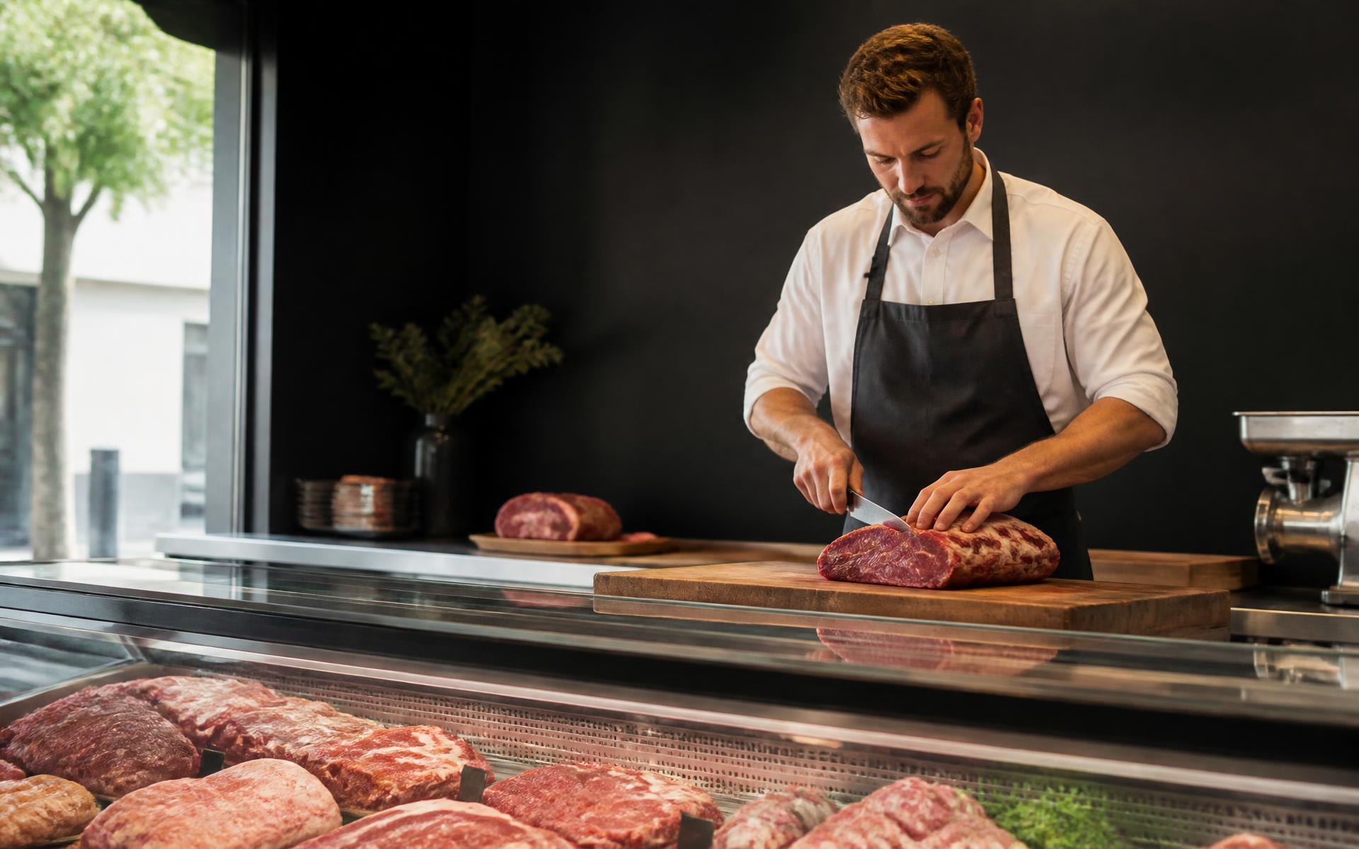 Profissional da Carnes Casal a cortar carne fresca atrás do balcão