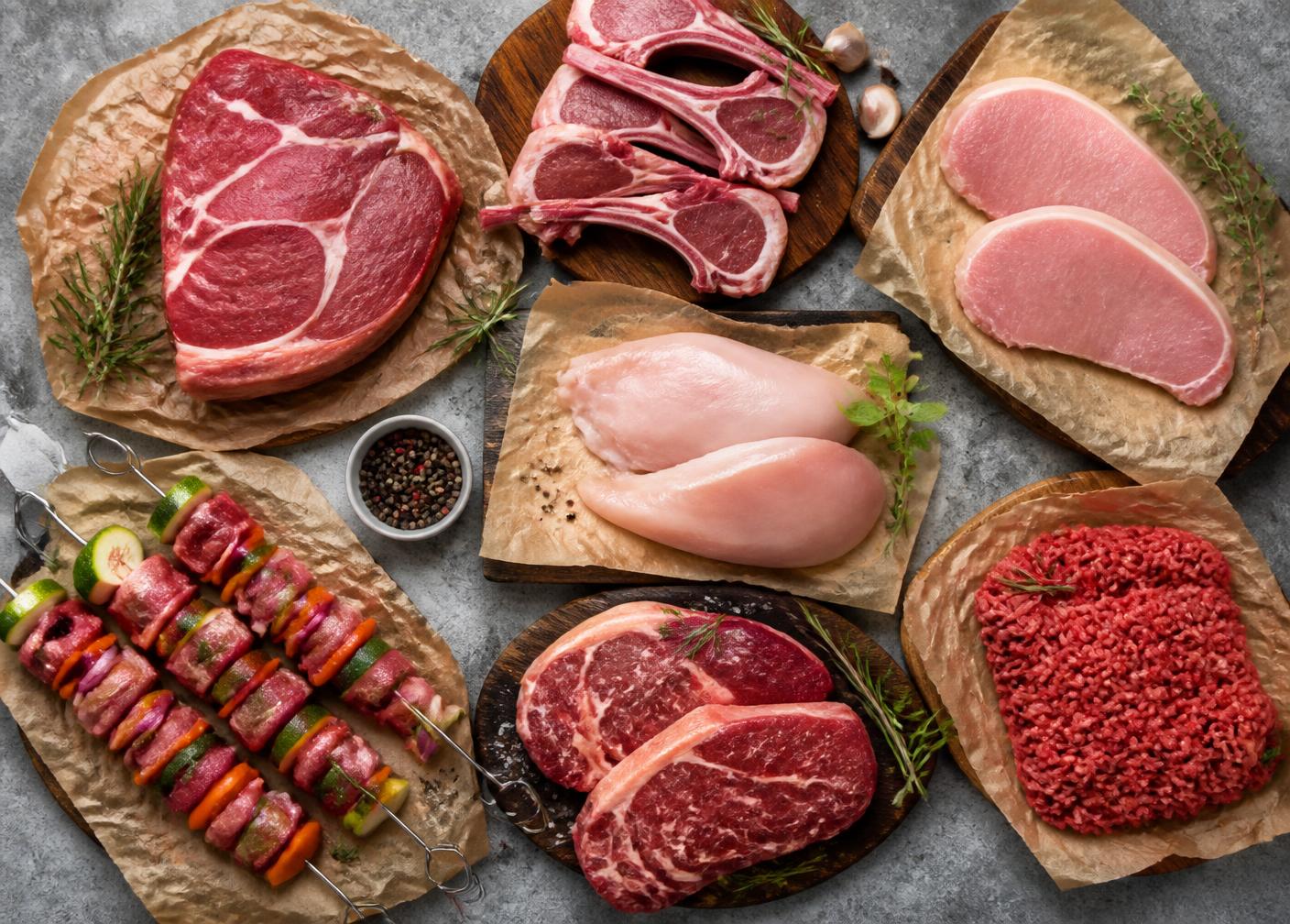Composição de vários cortes de carne fresca
